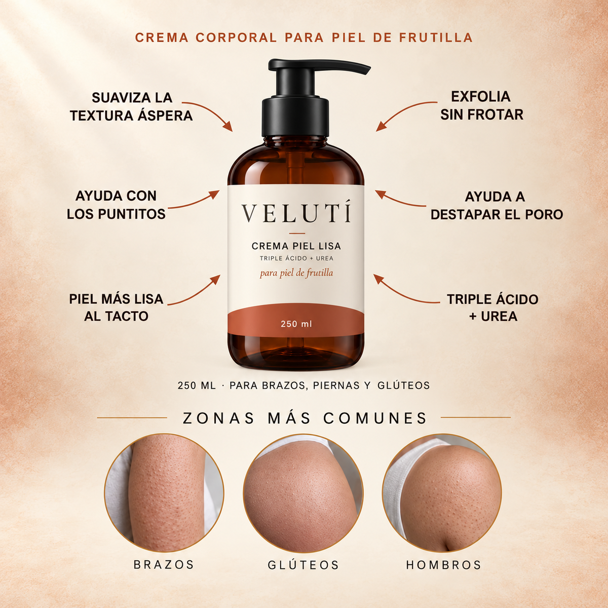 Crema Velutí 250 ml para piel de frutilla, beneficios y zonas de uso
