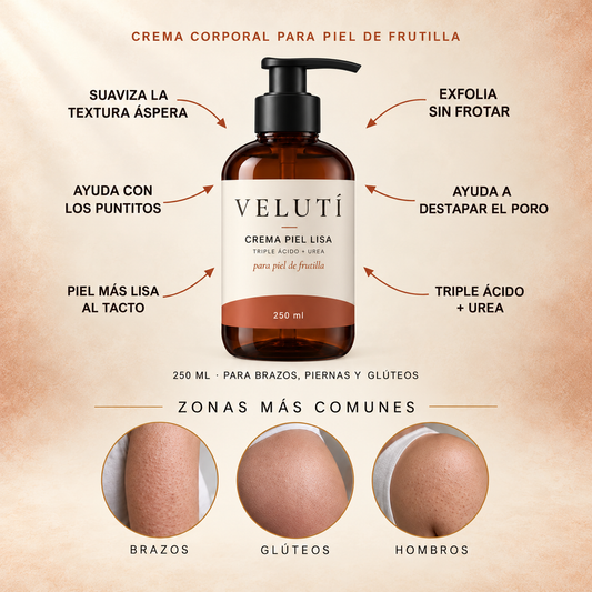 Crema Velutí 250 ml para piel de frutilla, beneficios y zonas de uso