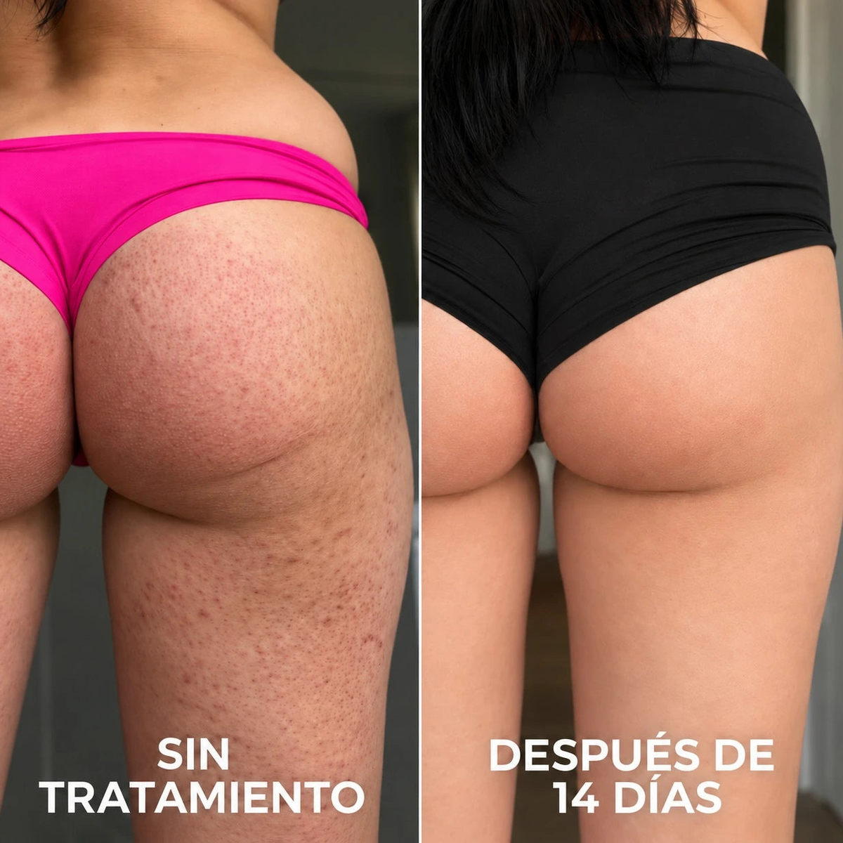 Resultado visual en glúteos y piernas: sin tratamiento y después de 14 días