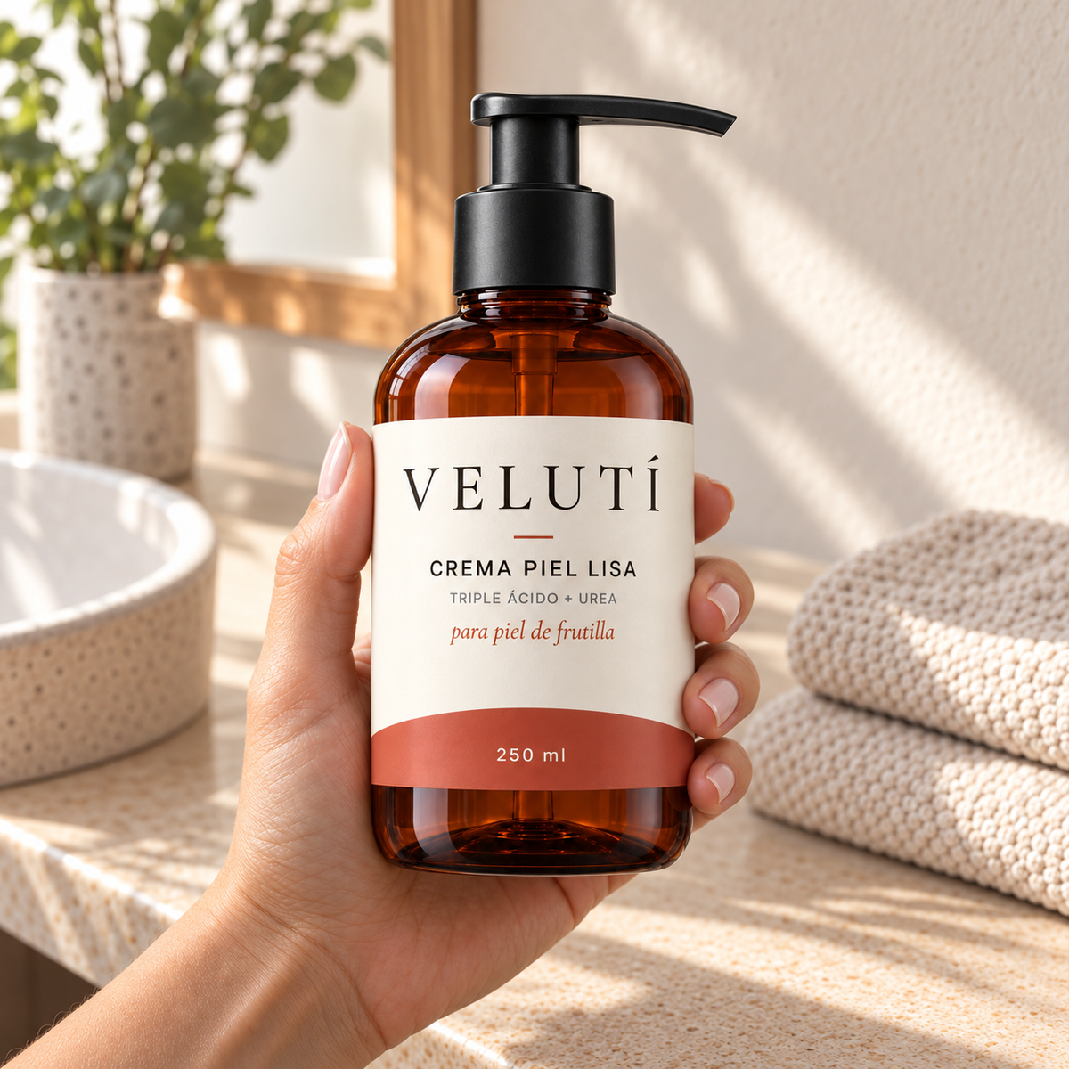 Mano sosteniendo Velutí crema piel lisa en un baño con luz natural